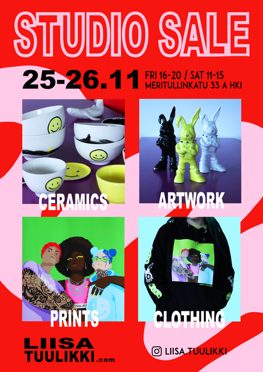 Poster for studio sale with colourful graphic design. Images show what will be on sale: ceramics such as tableware and ceramic artwork, prints and clothing. Hoodie will be on presale. Christmas sales